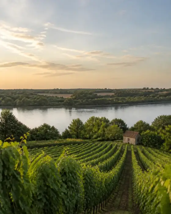 Vignes en rangs près d’une rivière dans le pays nantais, avec un ciel de bord de mer et un petit bâtiment de pierre