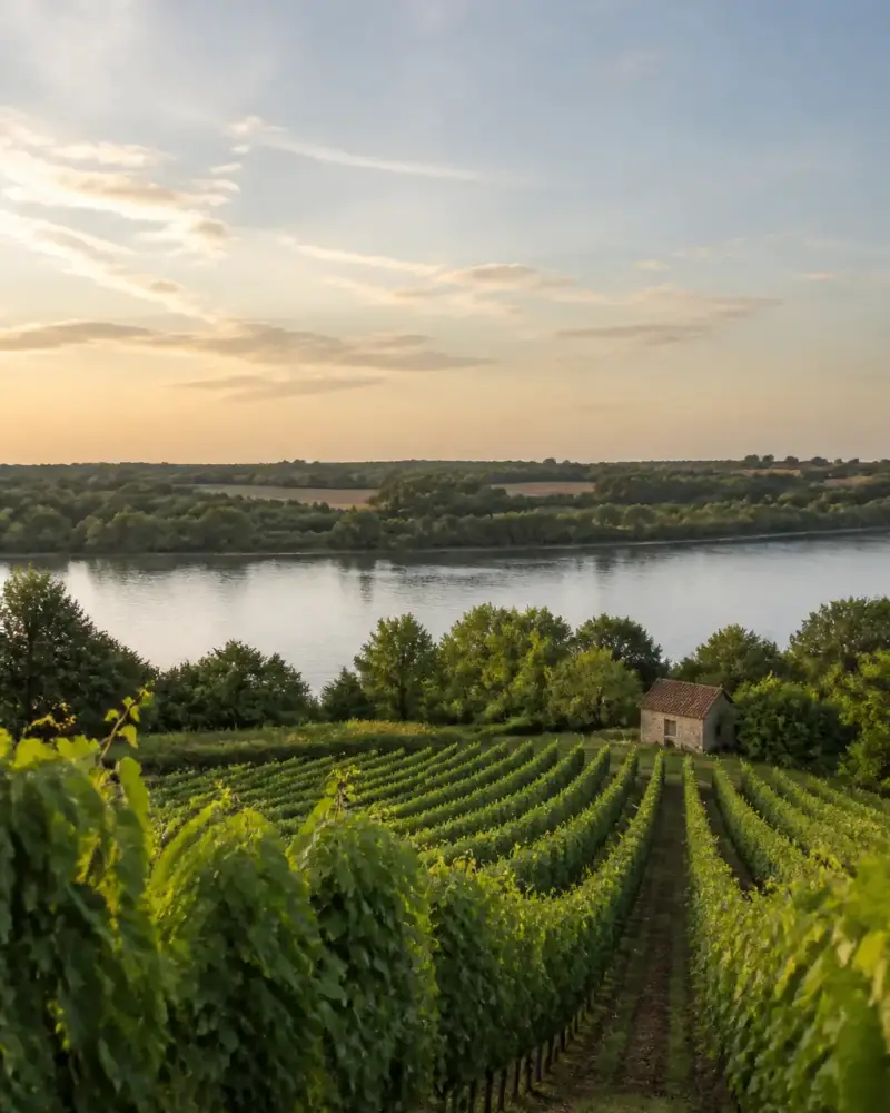Vignes en rangs près d’une rivière dans le pays nantais, avec un ciel de bord de mer et un petit bâtiment de pierre