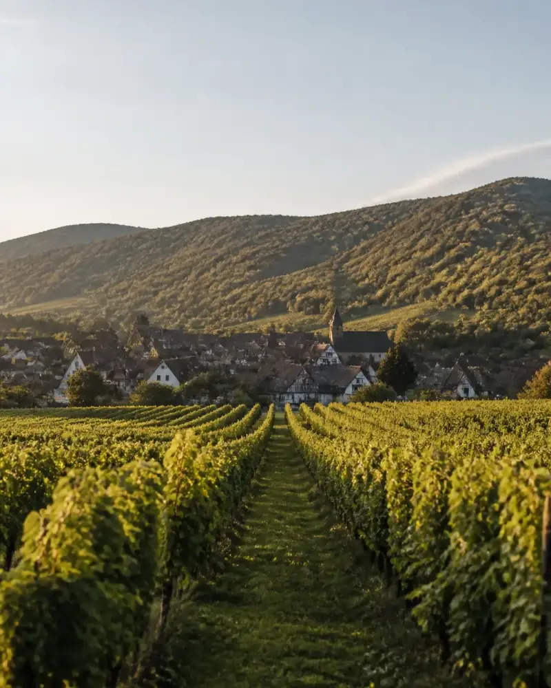 Vignes alignées au pied des Vosges, avec un village aux maisons à colombages et des collines boisées derrière
