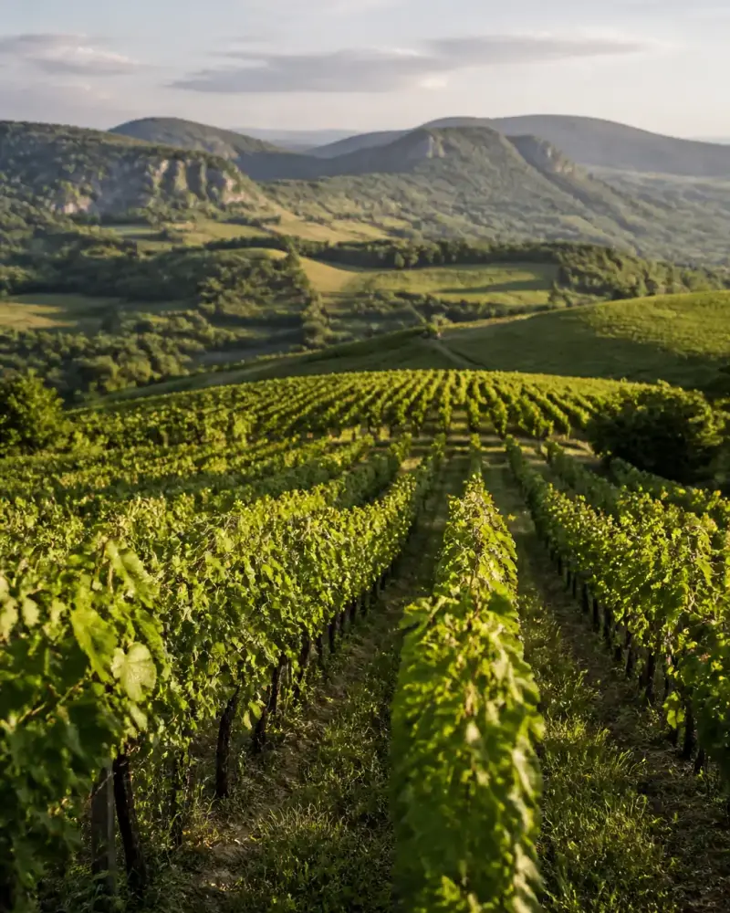 Vignes en rangs réguliers sur un coteau jurassien, avec des pâturages et la silhouette des premiers reliefs derrière