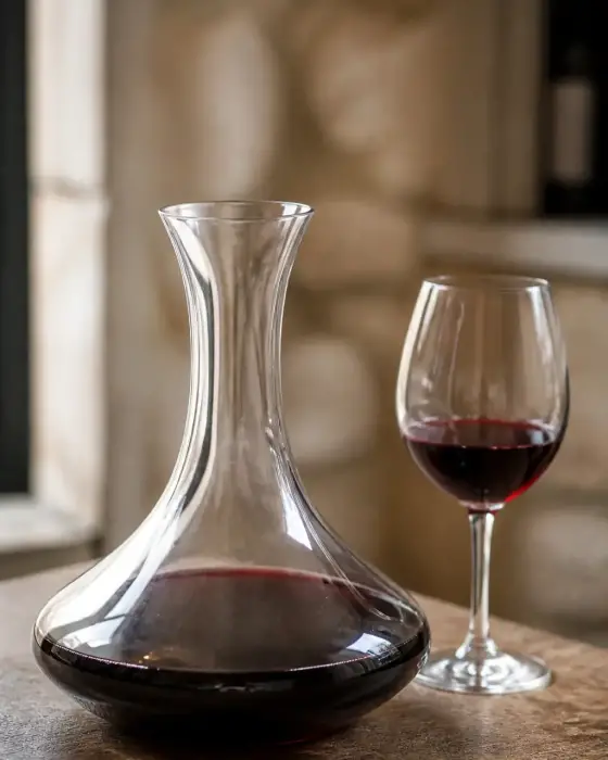 Carafe à décanter en verre transparent à base large posée sur une table avec un verre de vin rouge à côté