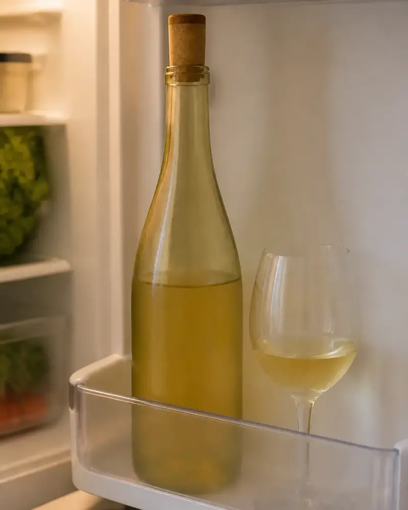 Bouteille de vin blanc entamée rebouchée, posée dans la porte d’un réfrigérateur avec un verre sur le côté