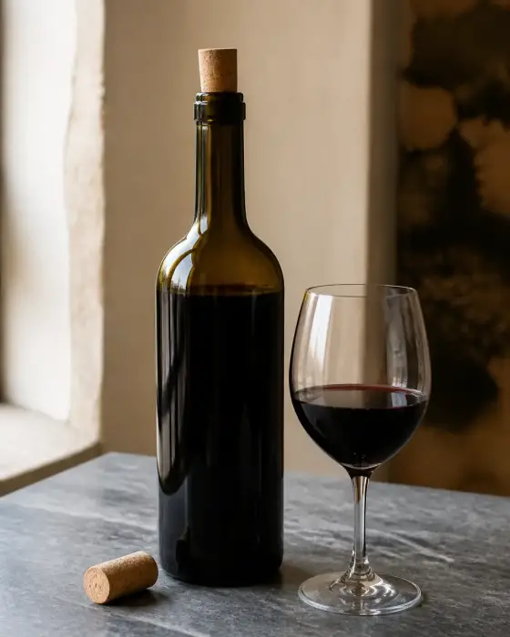 Bouteille de vin rouge rebouchée sur un plan de travail frais, bouchon à côté, un verre à moitié plein