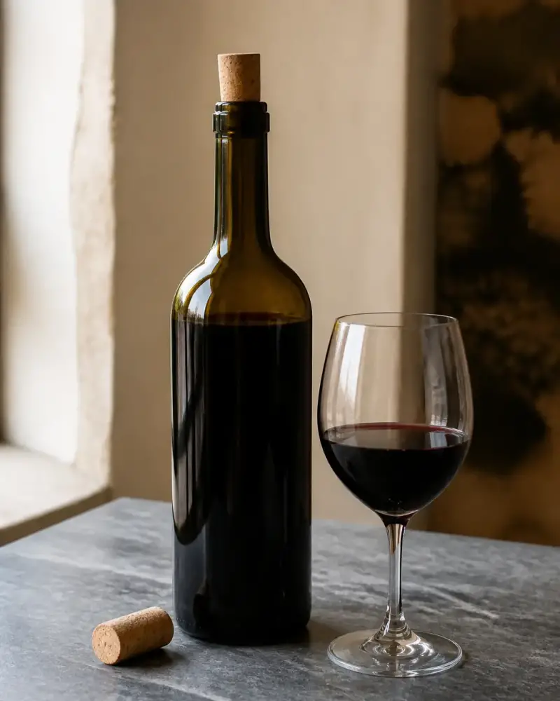 Bouteille de vin rouge rebouchée sur un plan de travail frais, bouchon à côté, un verre à moitié plein