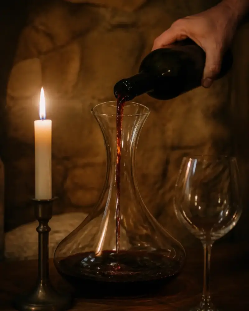 Main versant lentement du vin rouge d’une bouteille dans une carafe en verre, une bougie éclairant le goulot