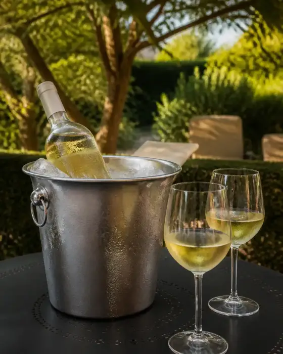 Seau à rafraîchir avec une bouteille de vin blanc couverte de buée et deux verres sur une table de jardin