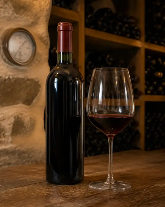 Bouteille de vin rouge et verre posés sur une table en bois près d’un thermomètre de cave, lumière douce