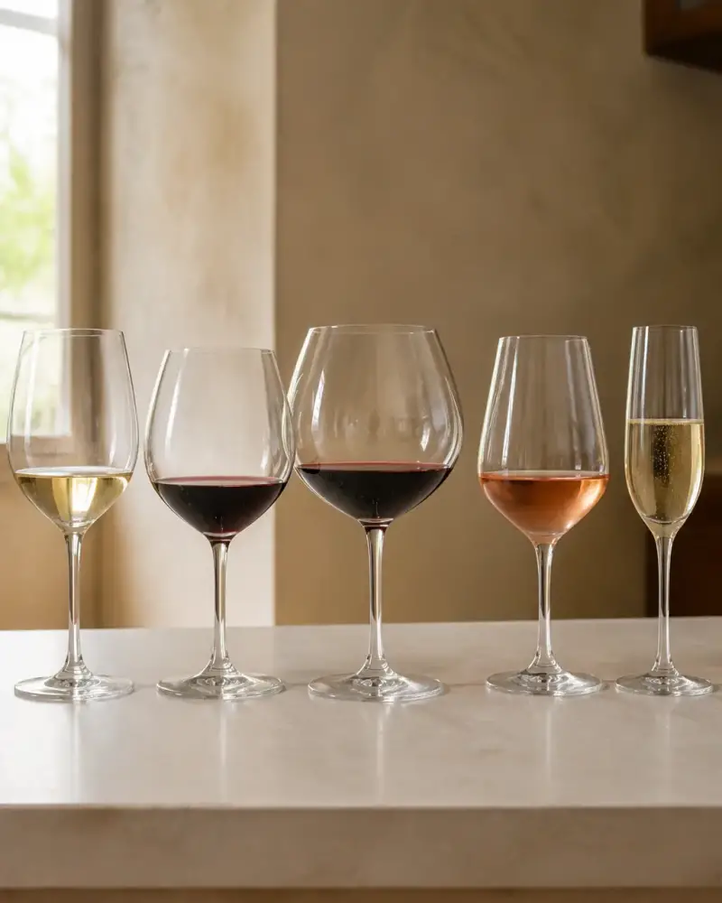 Rangée de verres à vin de formes différentes, tulipe, ballon et flûte, alignés sur un plan de travail clair
