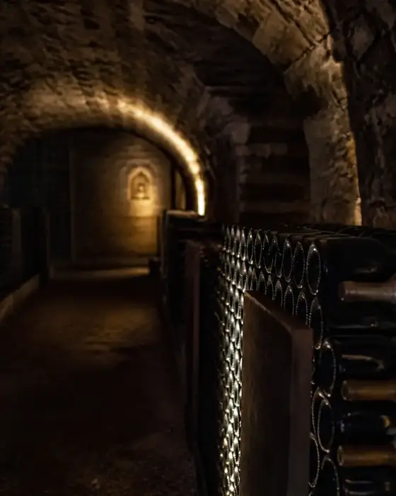 Bouteilles couchées dans une cave voûtée de pierre, dans une pénombre fraîche, étiquettes à peine éclairées