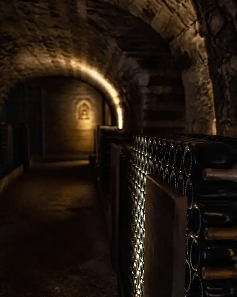 Bouteilles couchées dans une cave voûtée de pierre, dans une pénombre fraîche, étiquettes à peine éclairées