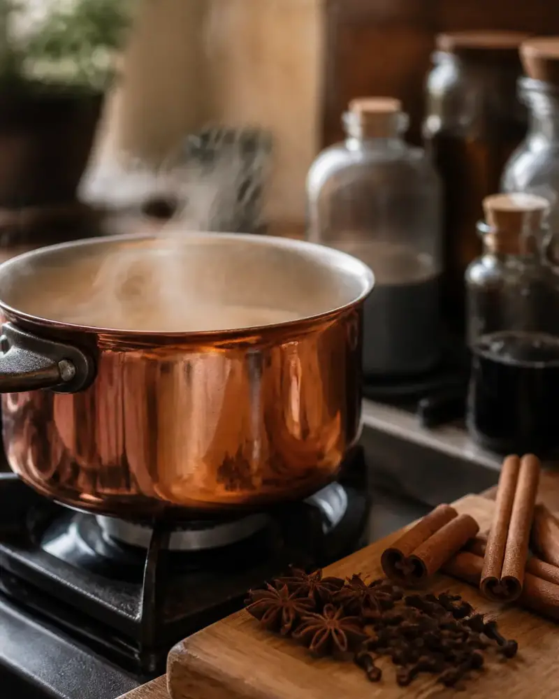 Casserole en cuivre sur une cuisinière avec bâtons de cannelle, badiane et clous de girofle sur une planche en bois