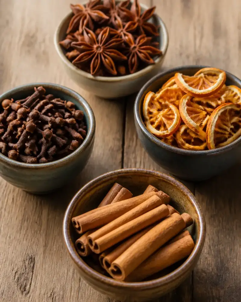 Petits bols contenant des bâtons de cannelle, des clous de girofle, de la badiane et des zestes d’orange séchés sur une table en bois