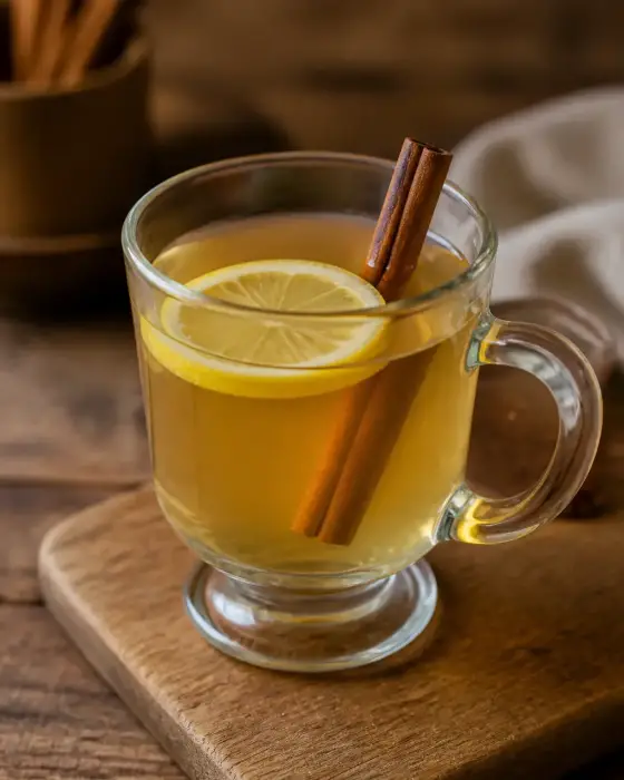 Verre transparent de vin blanc chaud avec une tranche de citron et un bâton de cannelle, posé sur une planche en bois