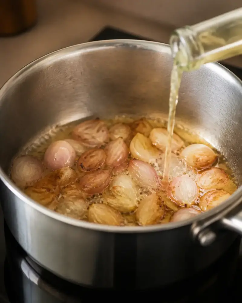 Casserole contenant des échalotes dorées et un filet de vin blanc versé pour déglacer, sur une plaque de cuisson