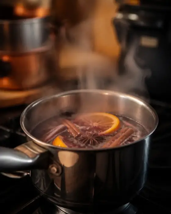 Casserole de vin rouge frémissant avec des bâtons de cannelle, une étoile de badiane et des rondelles d’orange sur une cuisinière